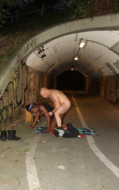 Ebony woman Josy Black gets banged by a white dude underneath an overpass